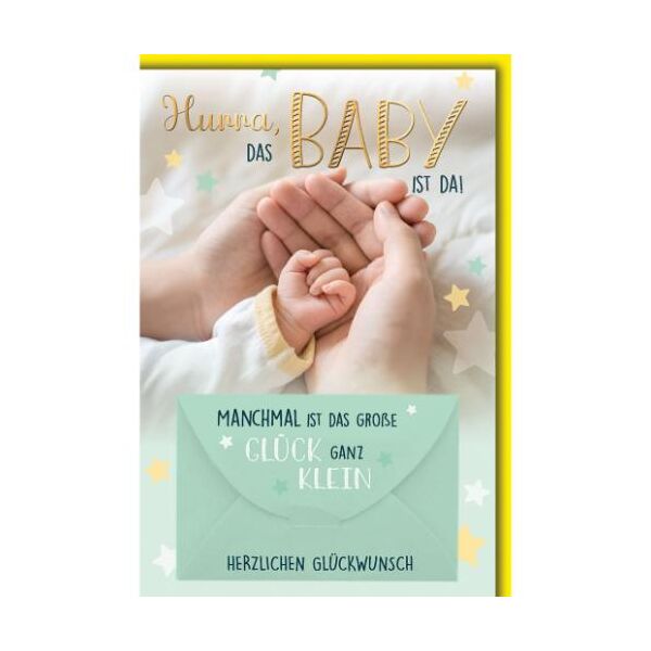 Geburt Baby Geldkarte Glückwunschkarte mit Umschlag Hände einer Familie Hurra, das Baby ist da! Manchmal ist das große Glück ganz klein