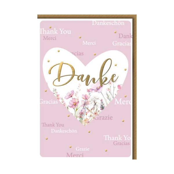 Danke Grußkarte mit Umschlag Blumenwiese in großem Herz Dankeschön Grazie Mercie Gracias Thank you