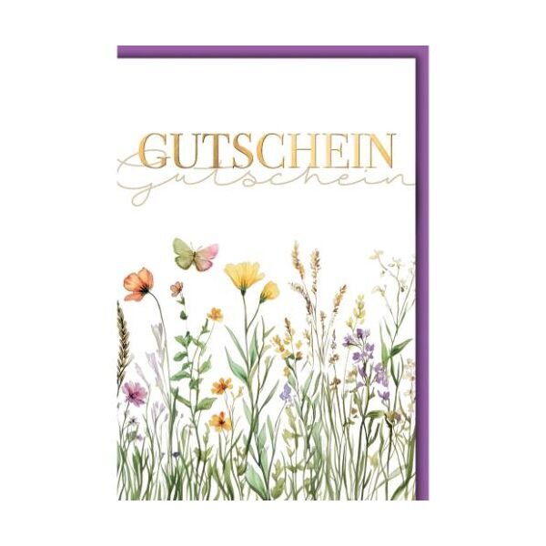 Gutscheinkarte Glückwunschkarte mit Umschlag Wildblumen und Schmetterling