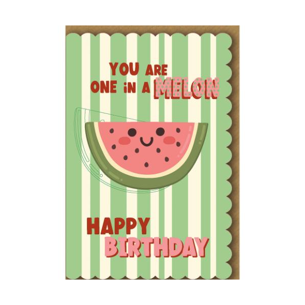 Geburtstag Glückwunschkarte mit Umschlag lachende Melone, grüne Streifen You are one in a Melon Happy Birthday
