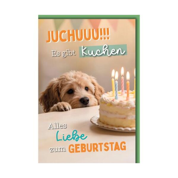 Geburtstag Glückwunschkarte mit Umschlag Hund neugierig auf Torte Juchuuu!!! Es gibt Kuchen Alles Liebe zum Geburtstag