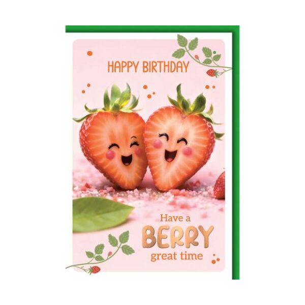 Geburtstag Glückwunschkarte mit Umschlag Erdbeeren mit lachenden Gesichtern Happy Birthday Have a berry great time