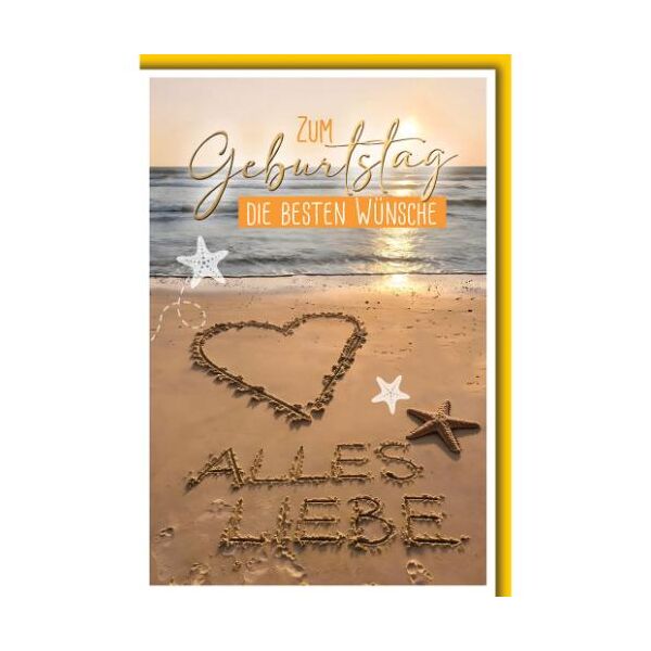 Geburtstag Glückwunschkarte mit Umschlag Herz im Sand geschrieben Alles Liebe die besten Wünsche Strand