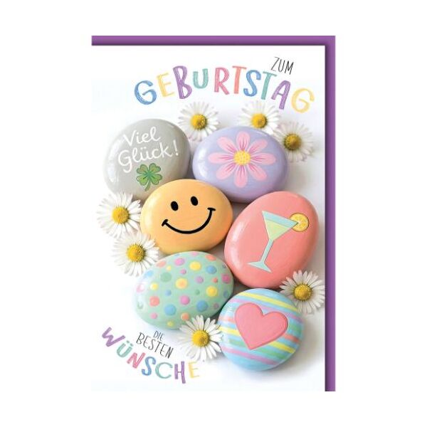 Geburtstag Glückwunschkarte mit Umschlag bunt bemalte Steine Zum Geburtstag die besten Wünsche Viel Glück!