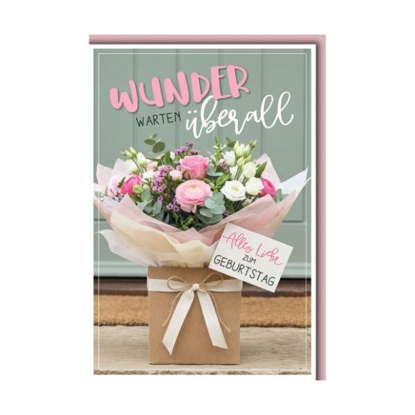 Geburtstag Glückwunschkarte mit Umschlag Rosenstrauß vor der Tür Wunder warten überall Alles Liebe zum Geburtstag