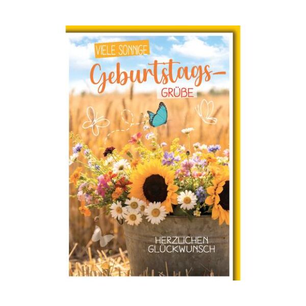 Geburtstag Glückwunschkarte mit Umschlag Sommerblumen im Eimer Viele sonnige Geburtstagsgrüße Herzlichen Glückwunsch
