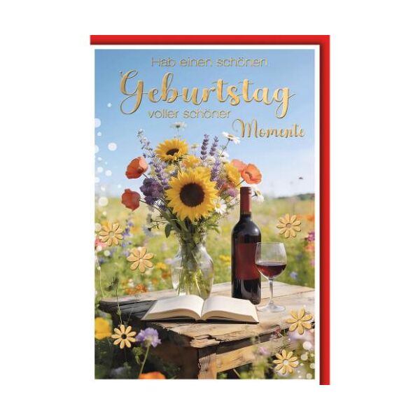 Geburtstag Glückwunschkarte mit Umschlag Blumenstrauß Weinflasche Buch Hab einen schönen Geburtstag voller schöner Momente