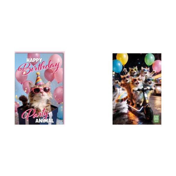 Geburtstag Glückwunschkarte mit Umschlag Animovies Innendruck Katze mit Sonnenbrille Katzen Party auf E-Scooter Happy Birthday