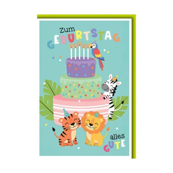 Kindergeburtstag Glückwunschkarte mit Umschlag Tiger, Löwe, Zebra, Papagei mit Torte Zum Geburtstag alles Gute