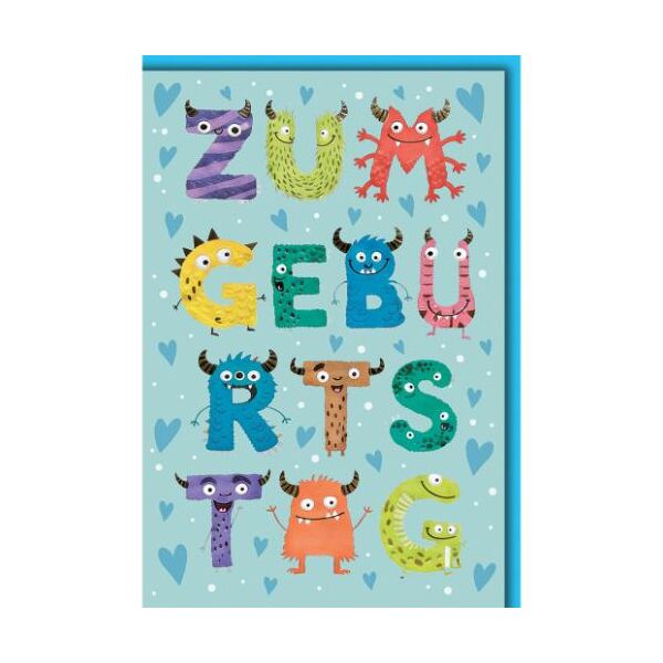 Kindergeburtstag Glückwunschkarte mit Umschlag Monsterbuchstaben ZUM GEBURTSTAG