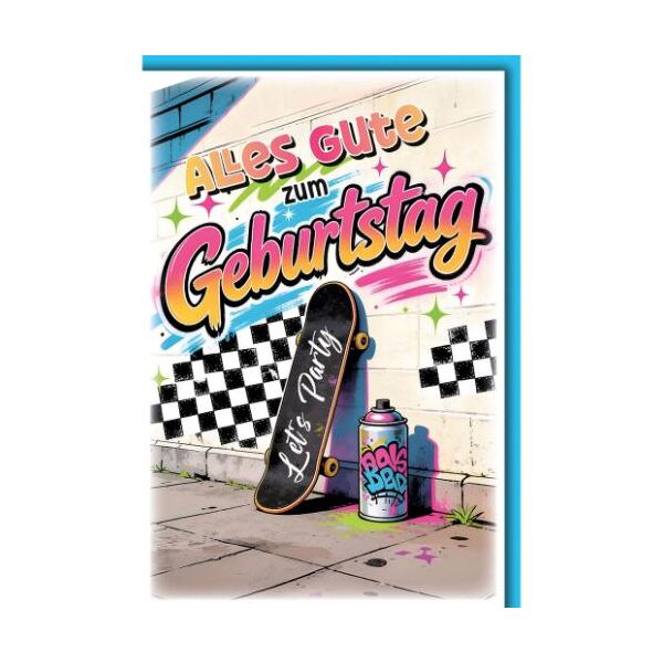 Geburtstag Glückwunschkarte mit Umschlag Skateboard und Spraydose Alles Gute zum Geburtstag Lets Party