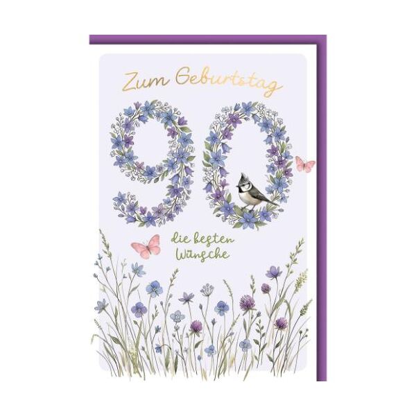 90. Geburtstag Glückwunschkarte mit Umschlag Zahl aus Blumen Haubenmeise Vergissmeinnicht Zum Geburtstag die besten Wünsche