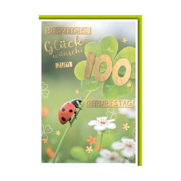 100. Geburtstag Glückwunschkarte mit Umschlag Marienkäfer am Kleeblatt Herzlichen Glückwunsch zum 100. Geburtstag