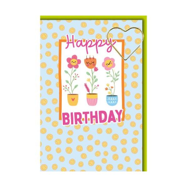 Geburtstag Glückwunschkarte mit Umschlag Blümchen im Topf mit Smileygesicht Happy Birthday