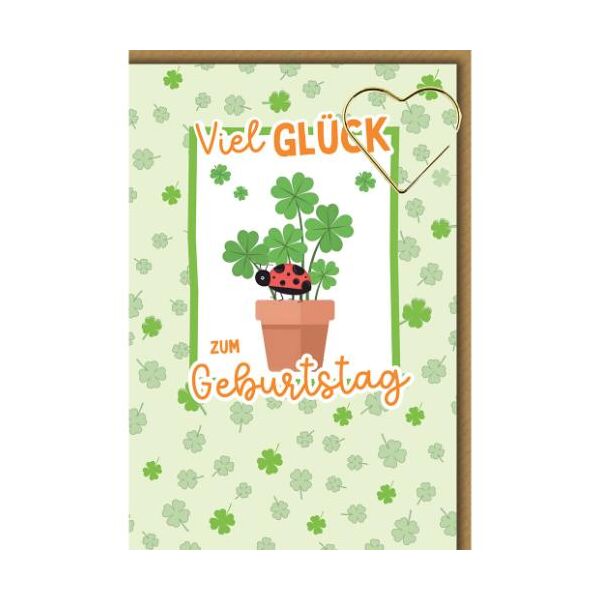 Geburtstag Glückwunschkarte mit Umschlag Kleeblätter im Topf mit Marienkäfer Viel Glück zum Geburtstag