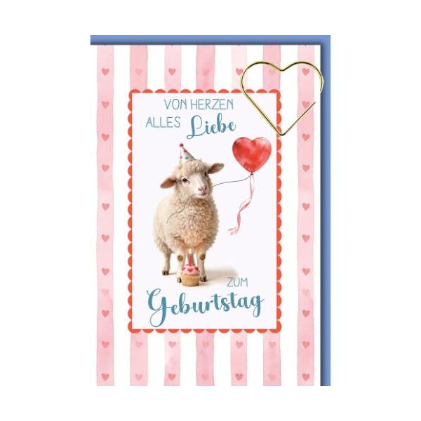 Geburtstag Glückwunschkarte mit Umschlag Schaf mit Herzluftballon von Herzen alles Liebe zum Geburtstag