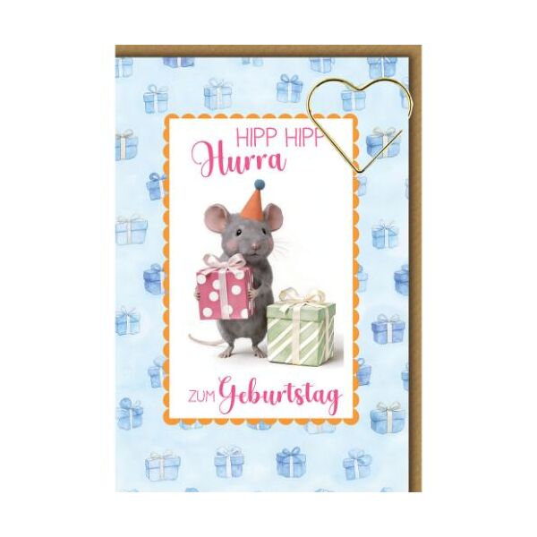 Geburtstag Glückwunschkarte mit Umschlag Maus mit Geschenken Hipp Hipp Hurra zum Geburtstag