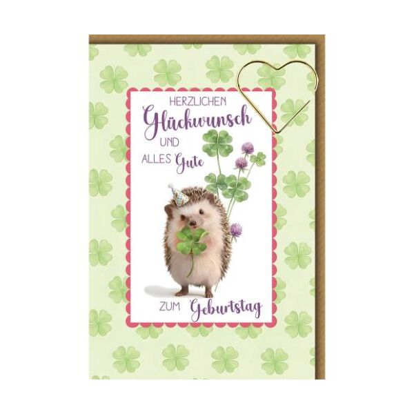 Geburtstag Glückwunschkarte mit Umschlag Igel mit Glücksklee Herzlichen Glückwunsch und alles Gute zum Geburtstag