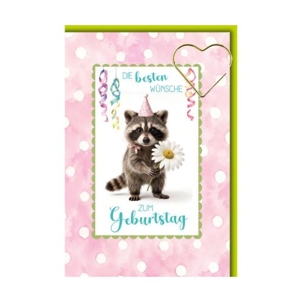 Geburtstag Glückwunschkarte mit Umschlag Waschbär mit Gänseblümchen Die besten Wünsche zum Geburtstag