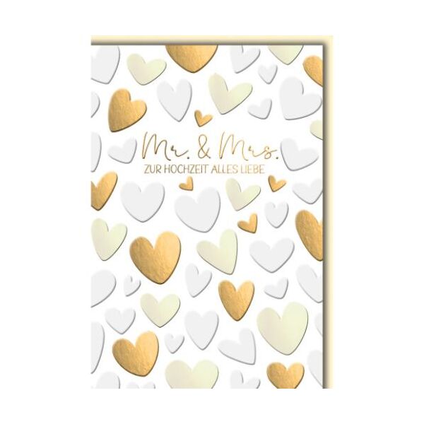 Hochzeit Glückwunschkarte mit Umschlag Herzen gold und weiß Mr. & Mrs.