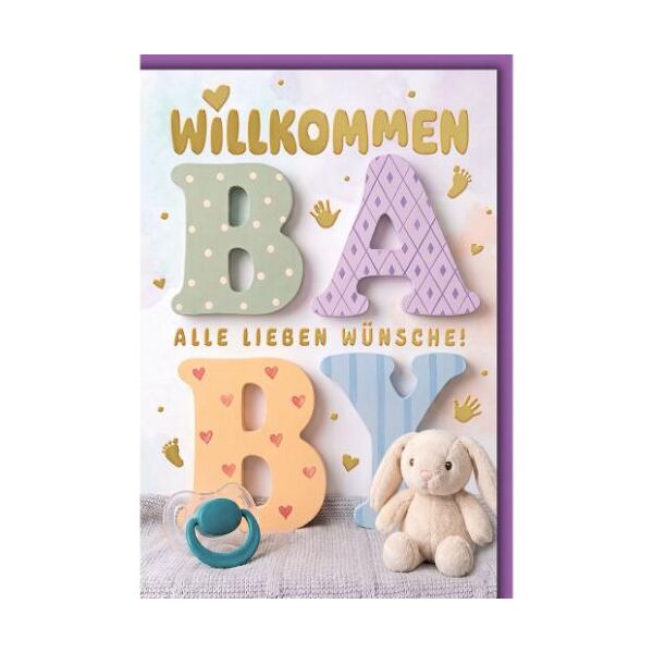 Geburt Baby Glückwunschkarte mit Umschlag Hase Schnuller Willkommen Baby alle lieben Wünsche!