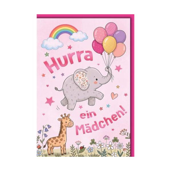 Geburt Baby Mädchen Glückwunschkarte mit Umschlag fliegender Elefant Giraffe Regenbogen Hurra ein Mädchen!