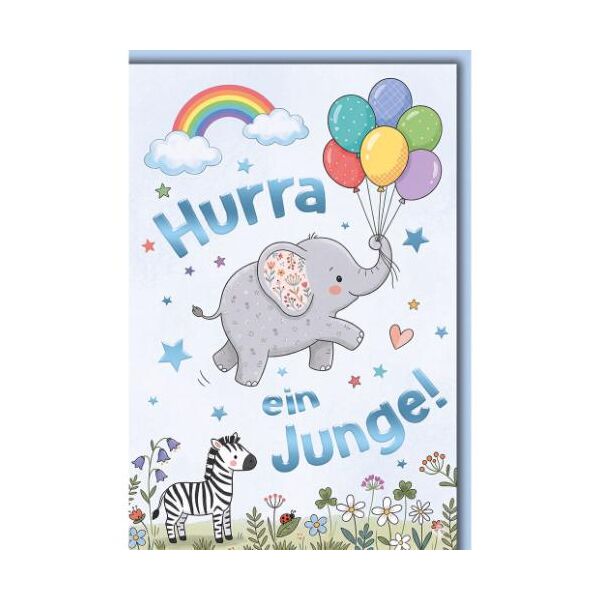 Geburt Baby Junge Glückwunschkarte mit Umschlag fliegender Elefant Zebra Regenbogen Hurra ein Junge!
