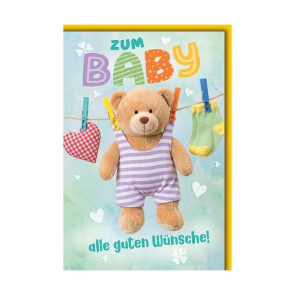 Geburt Baby Glückwunschkarte mit Umschlag Teddy an Wäscheleine alle guten Wünsche