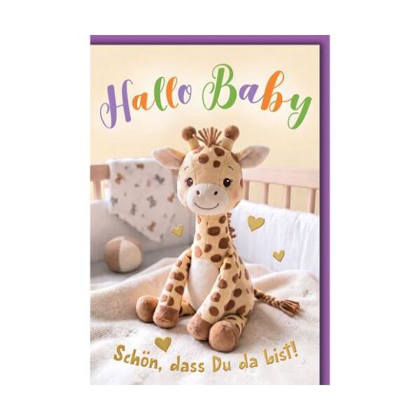 Geburt Baby Glückwunschkarte mit Umschlag Giraffe im Babybett Hallo Baby Schön, dass Du da bist!