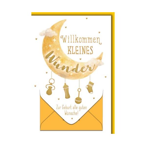 Geburt Baby Geldkarte Glückwunschkarte mit Umschlag Halbmond Willkommen kleines Wunder Zur Geburt alle guten Wünsche!