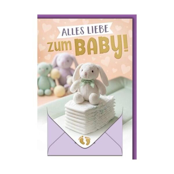 Geburt Baby Geldkarte Glückwunschkarte mit Umschlag Hase auf Stapel Windeln Alles Liebe zum Baby