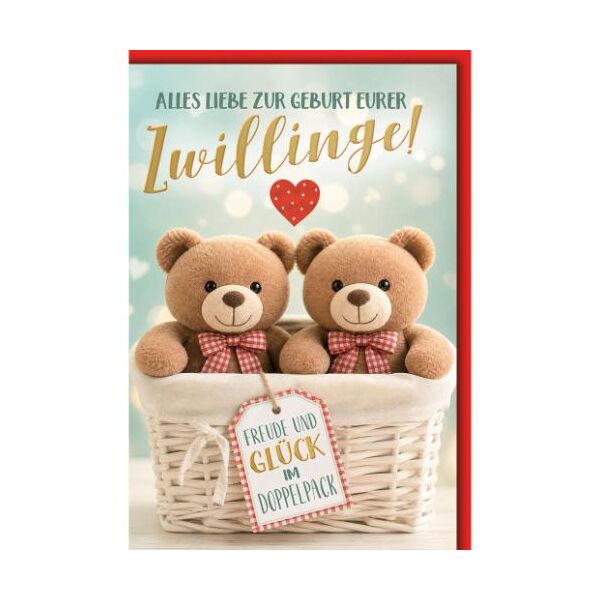 Geburt Baby Zwillinge Glückwunschkarte mit Umschlag Teddys im Korb Freude und Glück im Doppelpack Alles Liebe zur Geburt eurer Zwillinge!