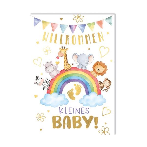 Geburt Baby große A4 XXL Glückwunschkarte mit Umschlag Tiere sitzen auf Regenbogen Willkommen kleines Baby!