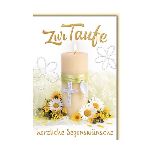 Taufe Glückwunschkarte mit Umschlag Taufkerze Blumen Zur Taufe herzliche Segenswünsche