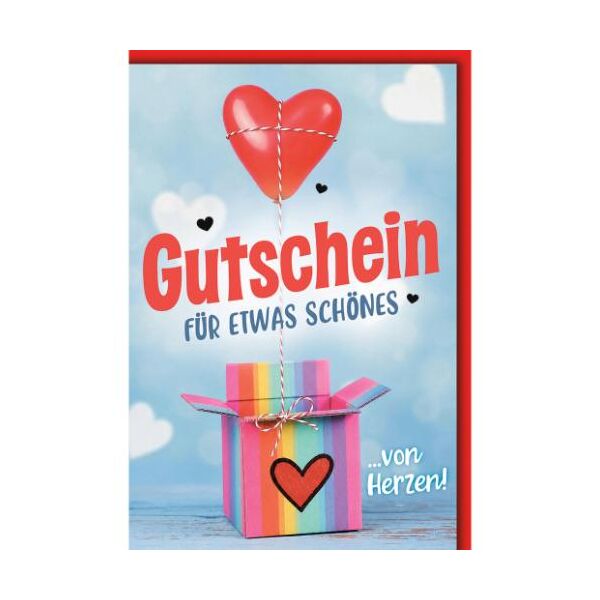 Gutschein Glückwunschkarte mit Umschlag Herzballon an Regenbogenkiste Für etwas schönes … von Herzen