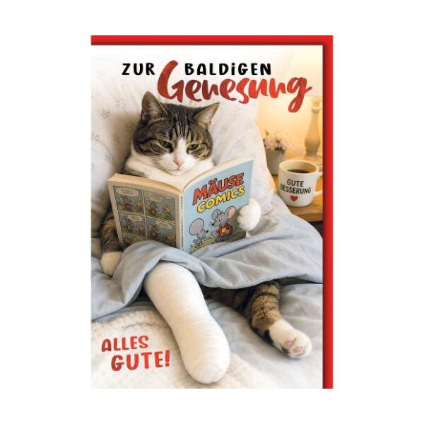Genesung Glückwunschkarte mit Umschlag Katze mit Gips im Bett zur baldigen Genesung