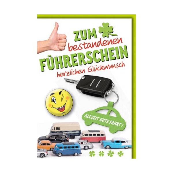 Führerschein Glückwunschkarte mit Umschlag Autoschlüssel , Smiley Zum bestandenen Führerschein herzlichen Glückwunsch Allzeit Gute Fahrt!