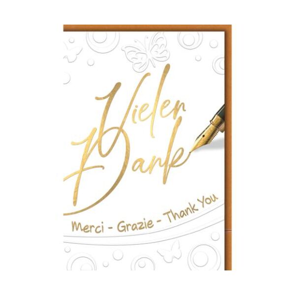 Danke Glückwunschkarte mit Umschlag Füllfederhalter Vielen Dank Merci Grazie Thank you goldfolie