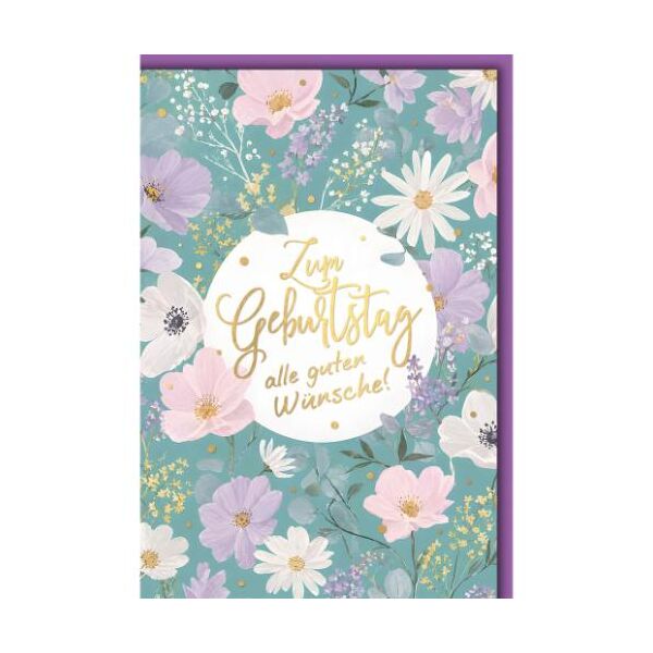 Geburtstag Glückwunschkarte mit Umschlag Blüten auf türkis Zum Geburtstag alle guten Wünsche