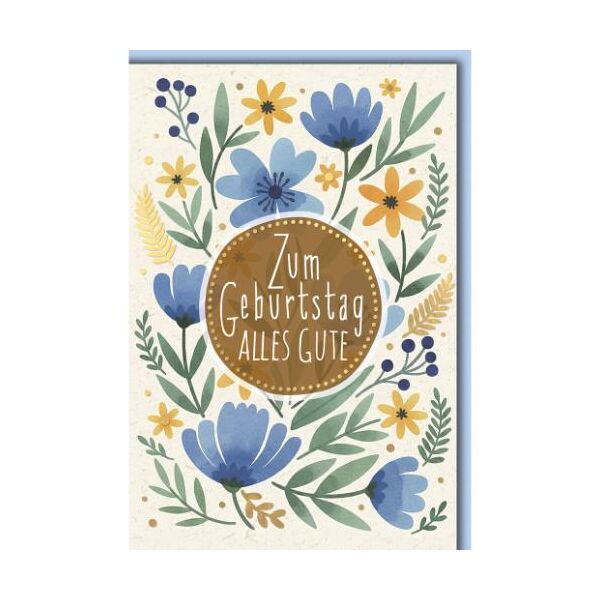Geburtstag Glückwunschkarte mit Umschlag Blumen blau ocker Zum Geburtstag alles Gute