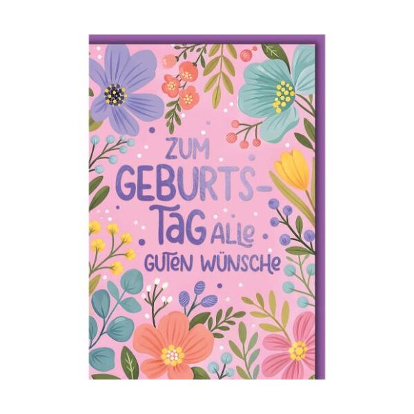 Geburtstag Glückwunschkarte mit Umschlag Blumenkranz auf rosa Zum Geburtstag alle guten Wünsche