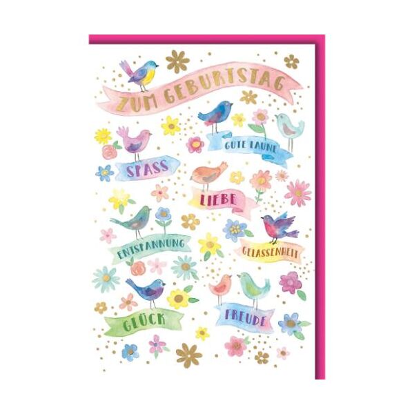 Geburtstag Glückwunschkarte mit Umschlag bunte Aquarellvögel Spaß Gute Laune Liebe Entspannung Freude Gelassenheit Glück