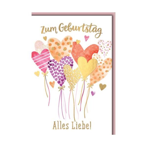 Geburtstag Glückwunschkarte mit Umschlag Ballons Herzen Aquarell Alles Liebe!