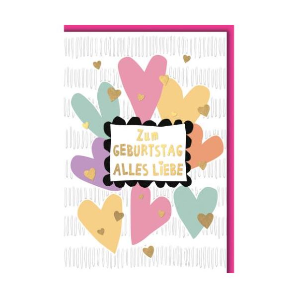 Geburtstag Glückwunschkarte mit Umschlag Herzen bunt schlicht Zum Geburtstag alles Liebe goldfolie