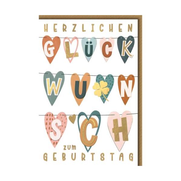 Geburtstag Glückwunschkarte mit Umschlag Buchstaben in Herzen an Schnur Herzlichen GLÜCKWUNSCH zum Geburtstag