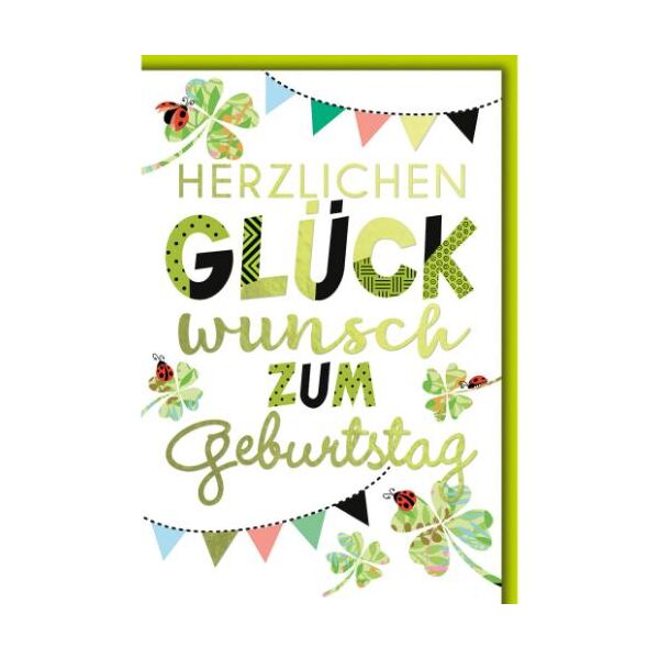 Geburtstag Glückwunschkarte mit Umschlag Marienkäfer, Kleeblätter, Glück Herzlichen Glückwunsch zum Geburtstag