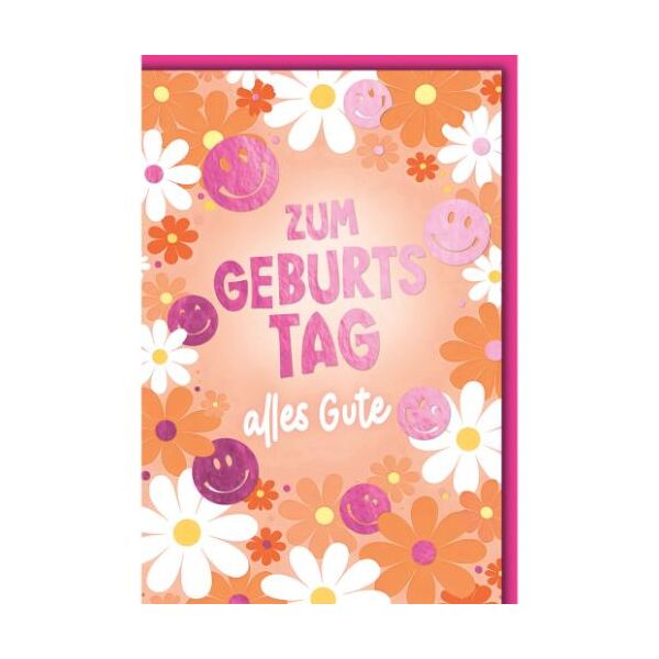 Geburtstag Glückwunschkarte mit Umschlag pinke Smileys auf orange Zum Geburtstag alles Gute