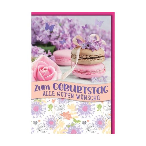 Geburtstag Glückwunschkarte mit Umschlag Macarons, rosa Rosenblüte Alle Guten Wünsche