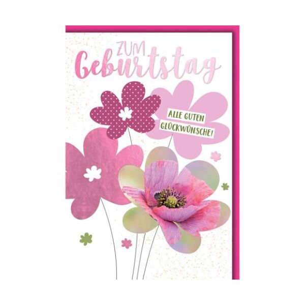 Geburtstag Glückwunschkarte mit Umschlag Mohnblume, pinke Blüten Alle Guten Glückwünsche!