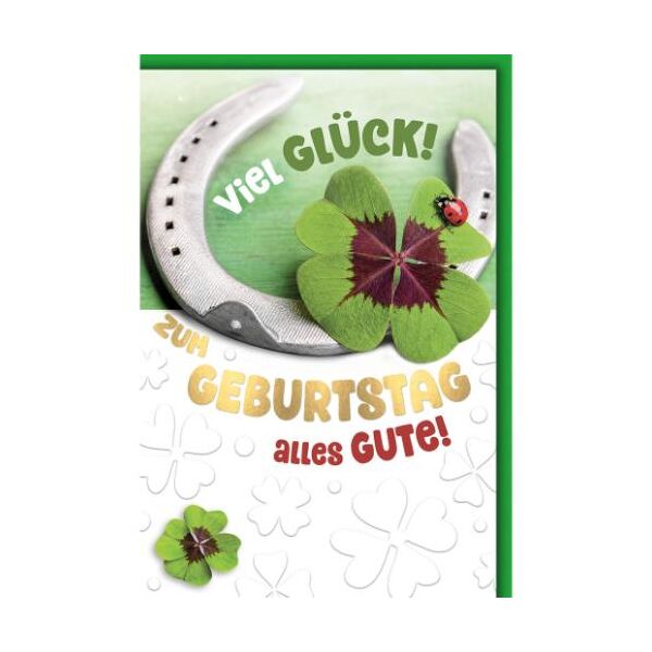 Geburtstag Glückwunschkarte mit Umschlag Hufeisen mit Kleeblatt Viel Glück! Zum Geburtstag alles Gute!